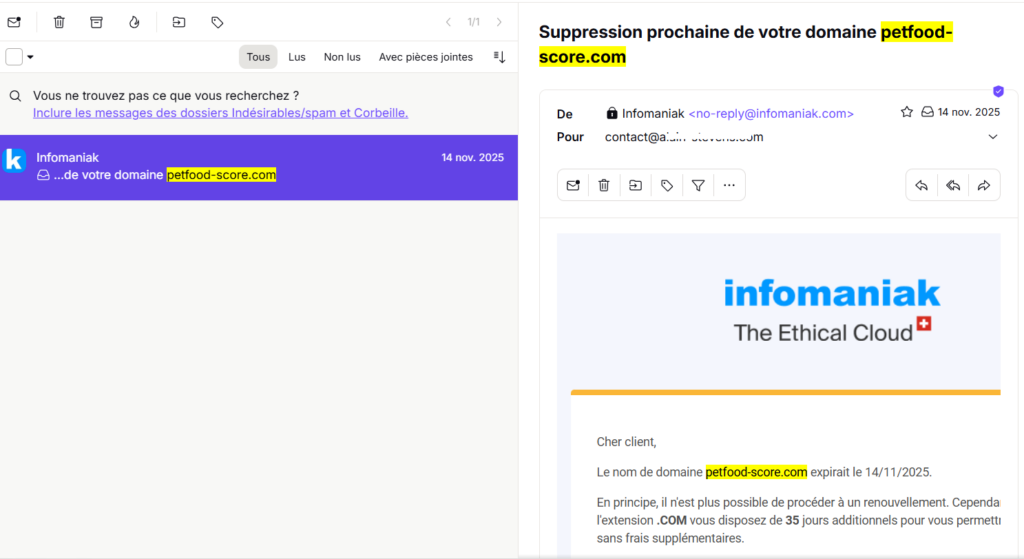 Le domaine .com du Petfood-score non renouvelé